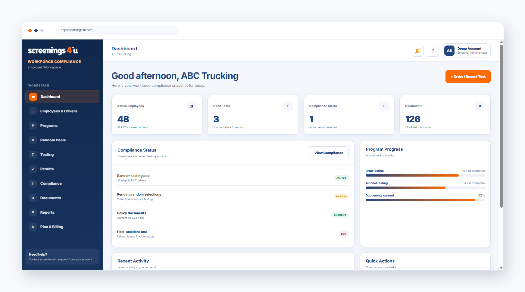 screenings4u Workforce Compliance employer portal dashboard